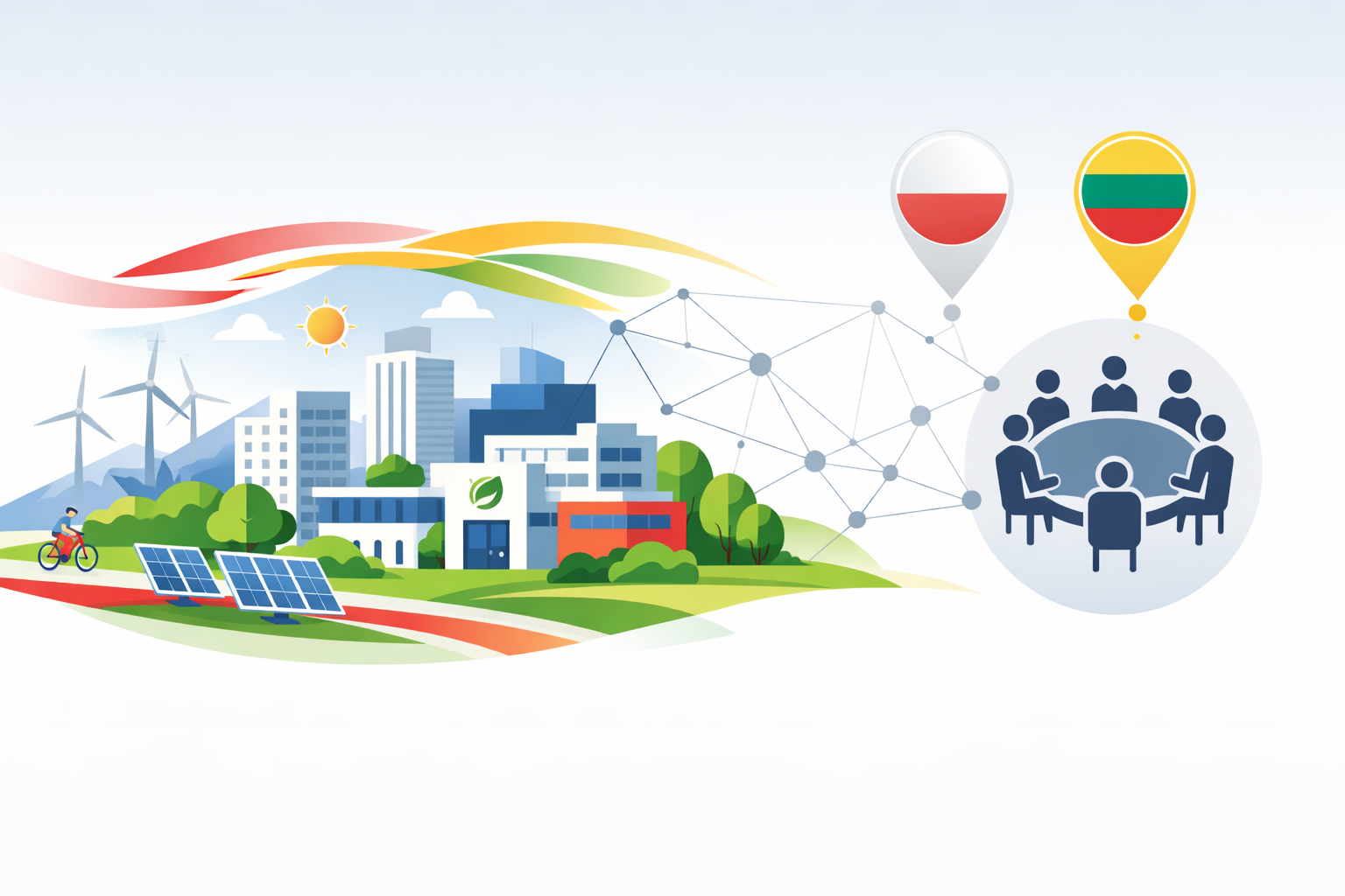 Plokščio stiliaus vektorinė iliustracija, vaizduojanti išmanų tvarų miestą su vidutinio aukštingumo pastatais, savivaldybės ar komunalinių paslaugų pastatu, saulės baterijomis, vėjo jėgainėmis, medžiais ir dviračių taku, sujungtą plonomis tinklo linijomis su apskrito stalo susitikimo piktograma su žmonių siluetais. Subtilūs abstraktūs spalvų akcentai nurodo Lenkiją (raudona/balta) ir Lietuvą (geltona/žalia/raudona). Platus 16:9 formatas su laisva erdve antraštei.