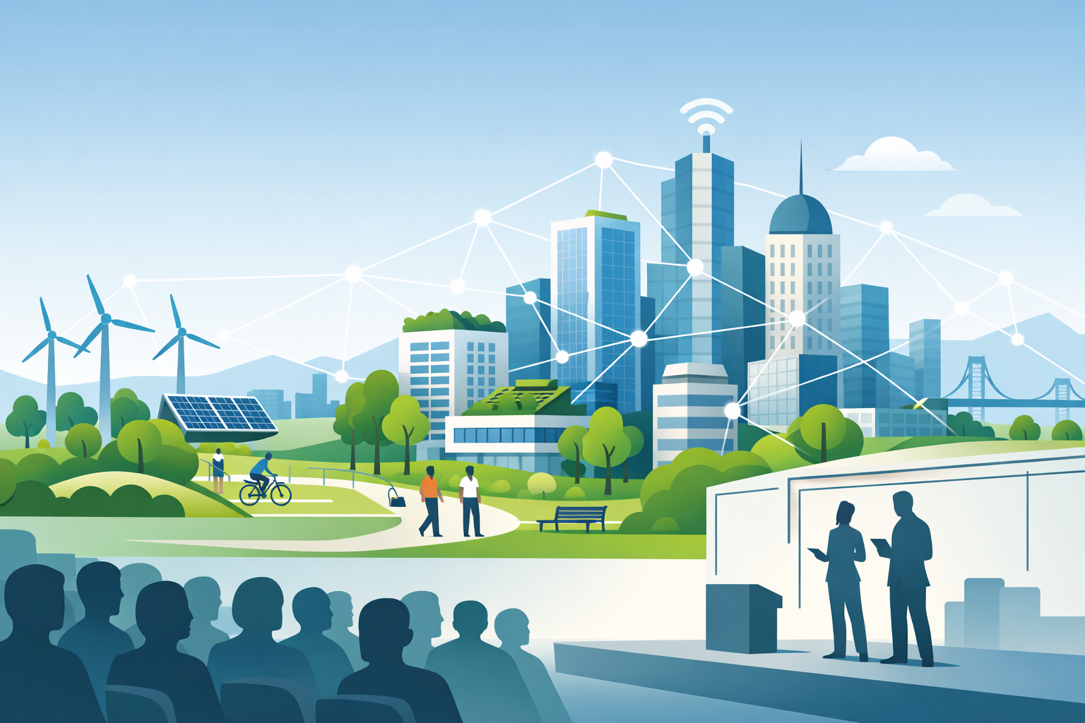 Plokščio dizaino vektorinė modernios išmaniojo miesto panoramos iliustracija su sujungtais tinklo mazgais tarp pastatų, žaliais stogais, medžiais, dviračių takais, saulės baterijomis ir vėjo jėgainėmis, o priekyje – žmonių siluetai ir konferencijos scena, platus 16:9 formatas.